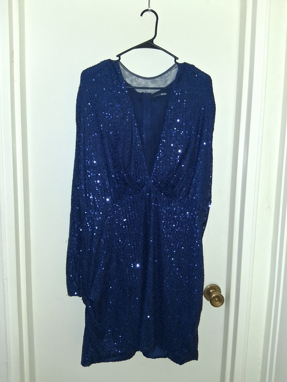 Fashion Nova Sequined Long Sleeve V-Neck Dress in Royal Blue